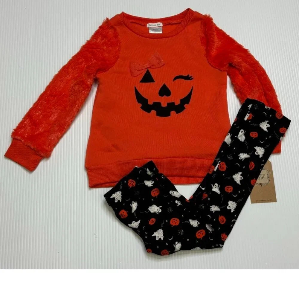 Pumpkin Halloween Shirt, Leggings, Headpiece 4T Black Orange 3 Piece Set Girls